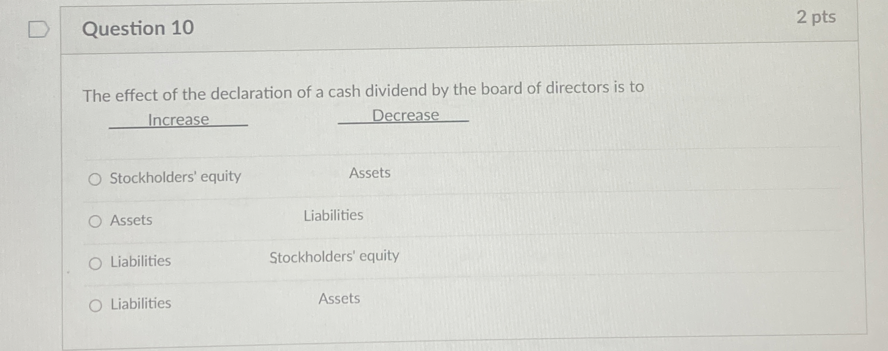  Question 10 2 pts The effect of the declaration of a