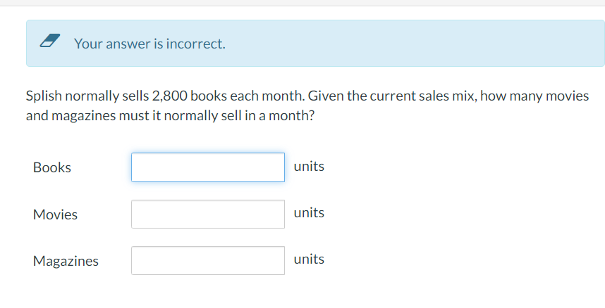  Your answer is incorrect. Splish normally sells 2,800 books each month.