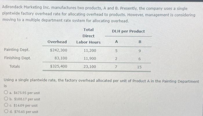 you ! Adirondack Marketing Inc. manufactures two products, A and B. Presently,