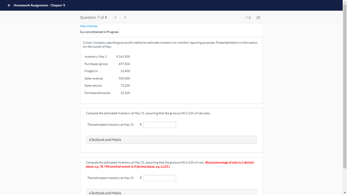 f Homework Assignment - Chapter 9 Question 7 of 8 >