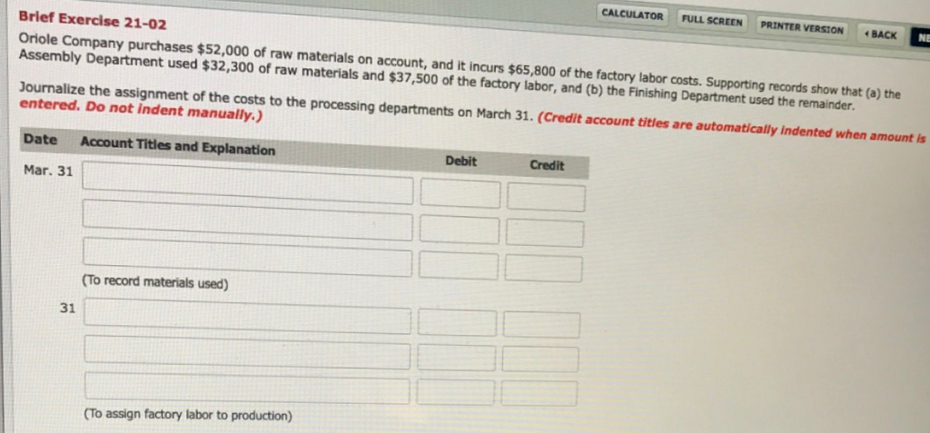 CALCULATOR FULL SCREEN PRINTER VERSION BACK NE Brief Exercise 21-02 Oriole