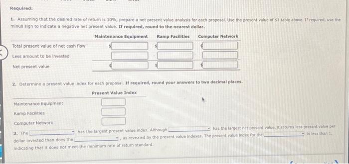 service company Eontinental Raliroad Company is evaluating three capital investment proposals by