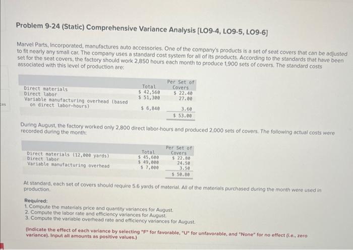  Problem 9-24 (Static) Comprehensive Variance Analysis [LO9-4, LO9-5, LO9-6] Marvel Parts,