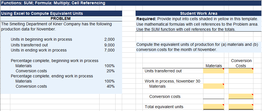 Functions: SUM; Formula: Multiply; Cell Referencing Using Excel to Compute Equivalent