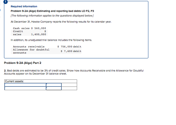 Required Information Problem 9-2A (Algo) Estimating and reporting bad debts LO