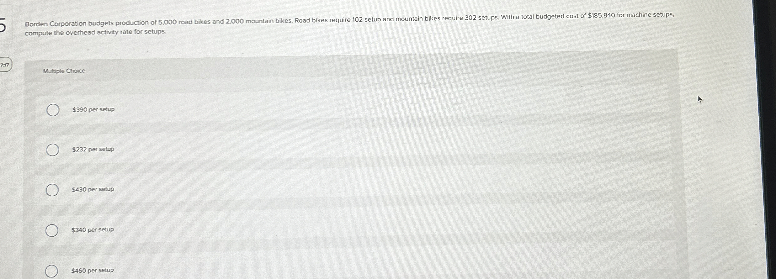  compute the overhead activity rate for setups. Multiple Choice $390 per