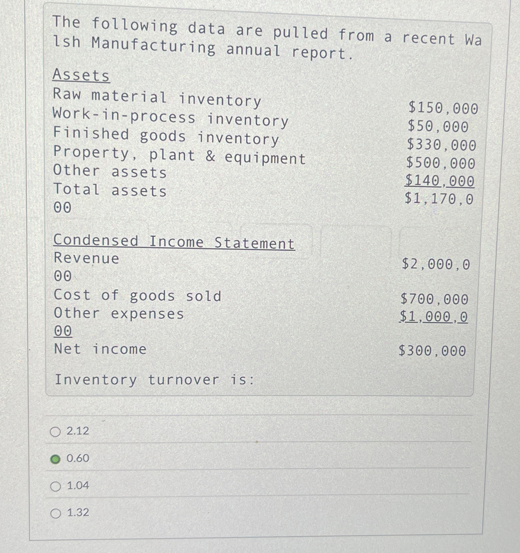  The following data are pulled from a recent Wa lsh Manufacturing