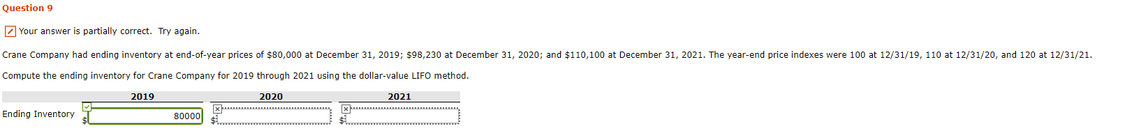 Ouestion 9 Your answer is partially correct. Try again. Crane Company