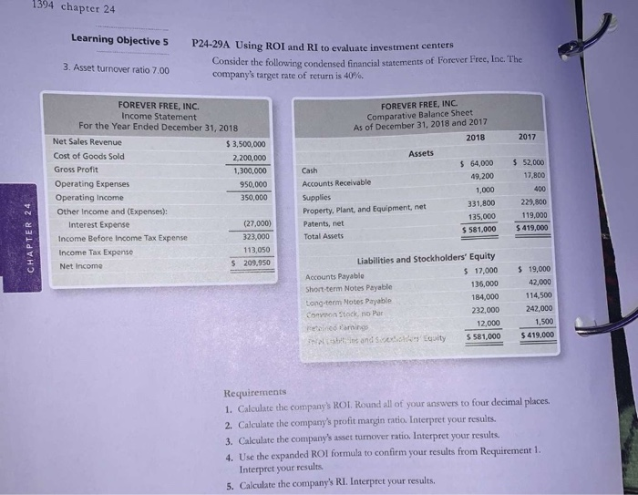  1394 chapter 24 Learning Objective 5 P24-29A Using ROI and RI