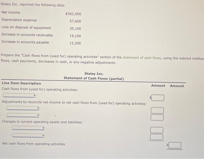  Staley Inc. reported the following data: Prepare the "Cash flows from