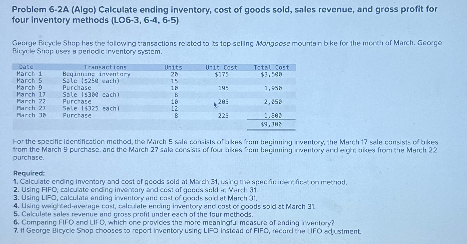  Problem 6-2A (Algo) Calculate ending inventory, cost of goods sold, sales