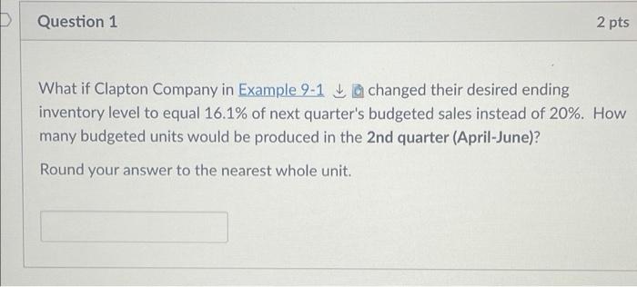 PRODUCTION BUDGET Clapton Company's sales budget shows the following projections for the