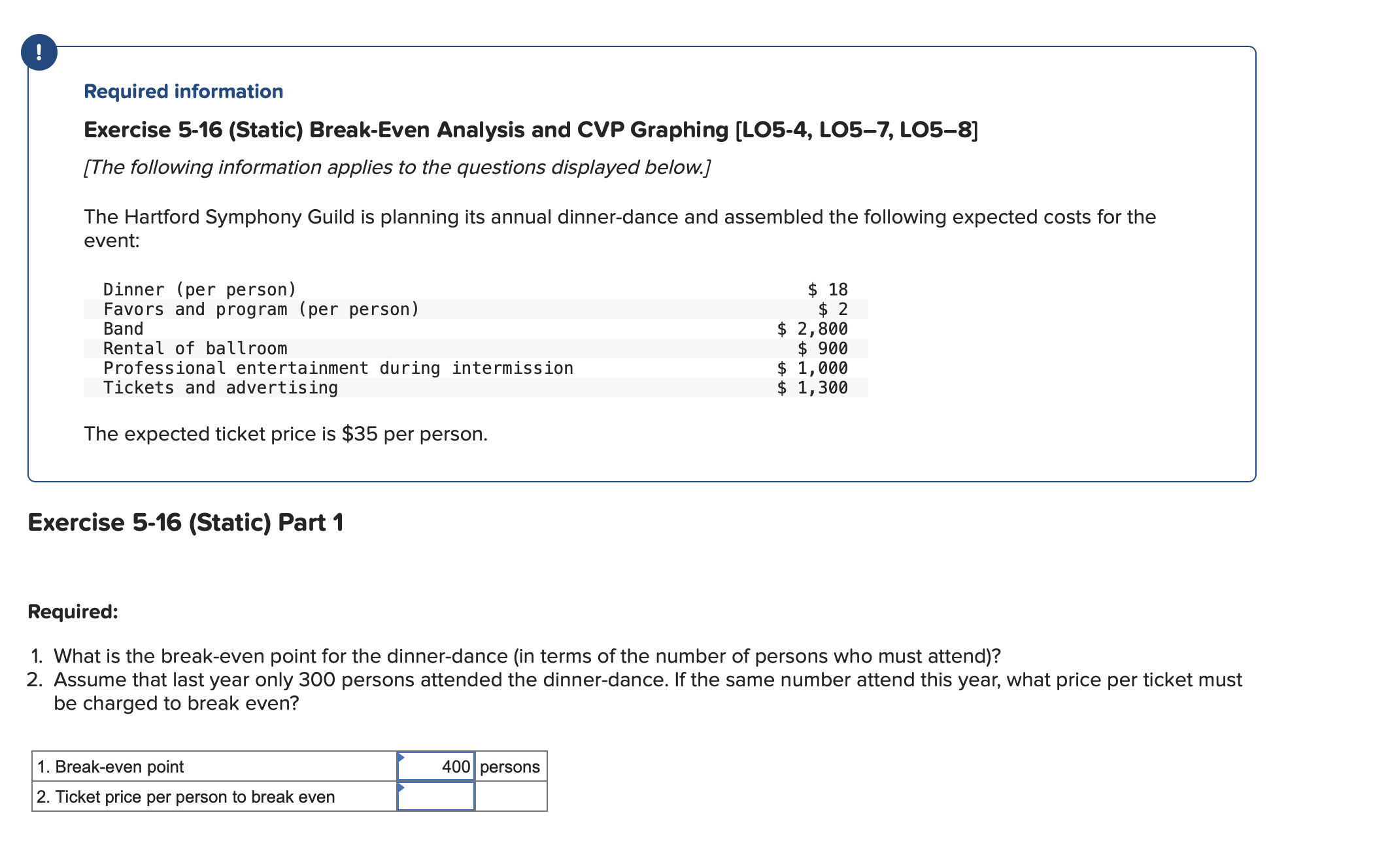  Required information Exercise 5-16(Static) Break-Even Analysis and CVP Graphing [LO5-4, LO5-7,