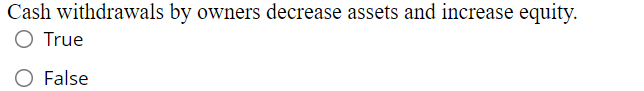  Cash withdrawals by owners decrease assets and increase equity. True False