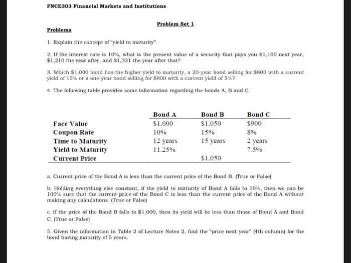  FNCE303 Financial Markets and Institutions Problem Set 1 Problems 1. Explain