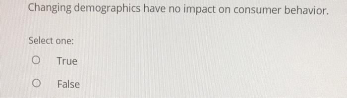  Changing demographics have no impact on consumer behavior. Select one: O