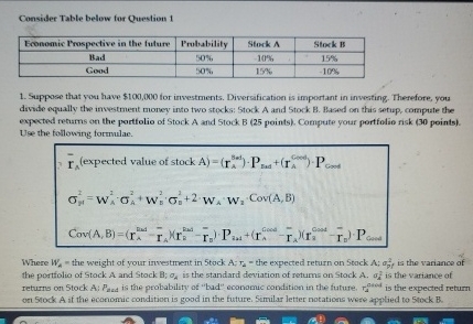  Consider Table below for Question 1 Suppose that wou have $100,000
