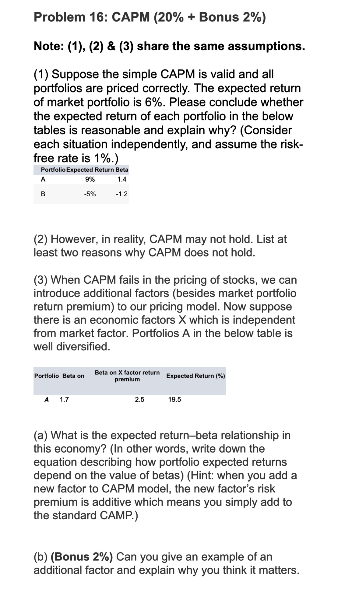  Problem 16: CAPM (20%+ Bonus 2%) Note: (1),(2) & (3) share