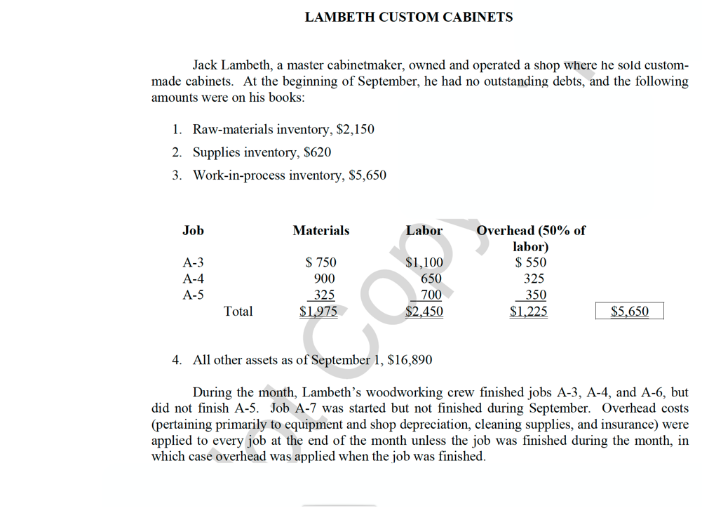 please answer it in an excel file. Lambeth Cabinets-1. Using information in