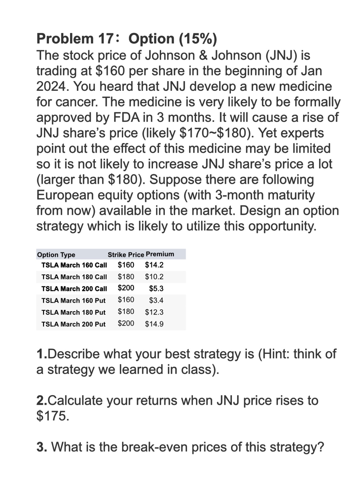  Problem 17: Option (15%) The stock price of Johnson & Johnson