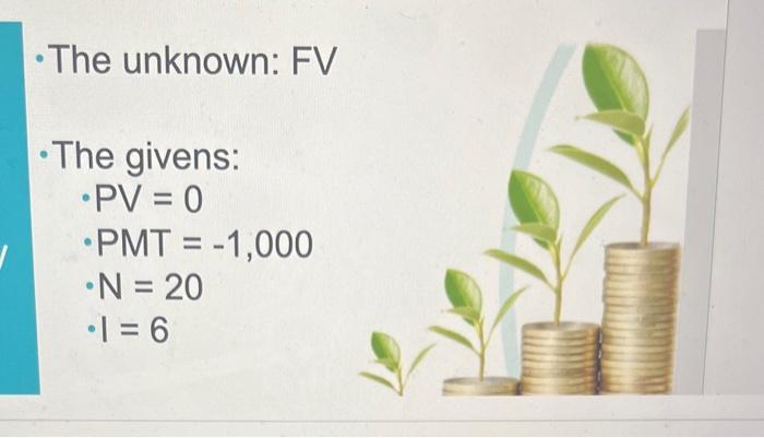 Find the Future value. please show work. thanks. - The unknown: FV