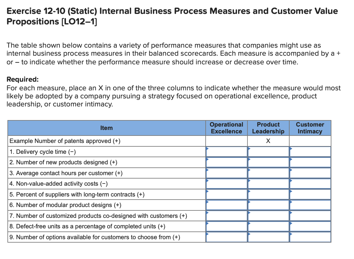  Exercise 12-10(Static) Internal Business Process Measures and Customer Value Propositions [LO12-1]