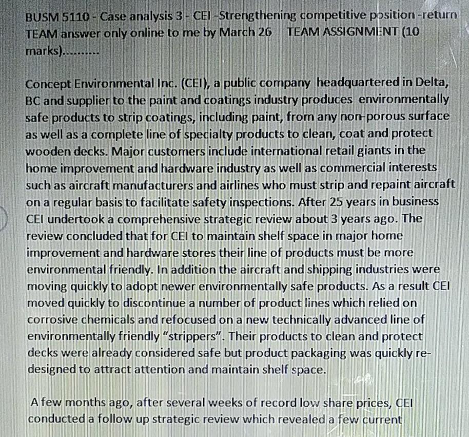 BUSM 5110 - Case analysis 3 - CEI-Strengthening competitive position-return TEAM