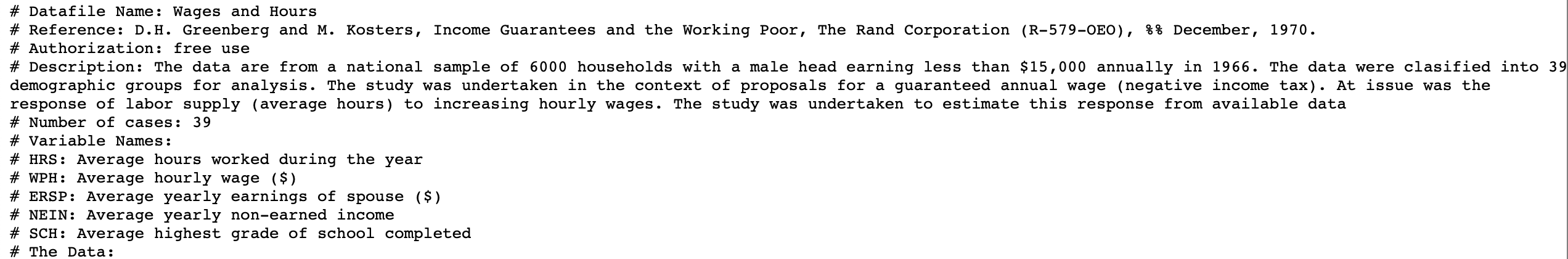 . # Datafile Name: Wages and Hours # Reference: D.H. Greenberg