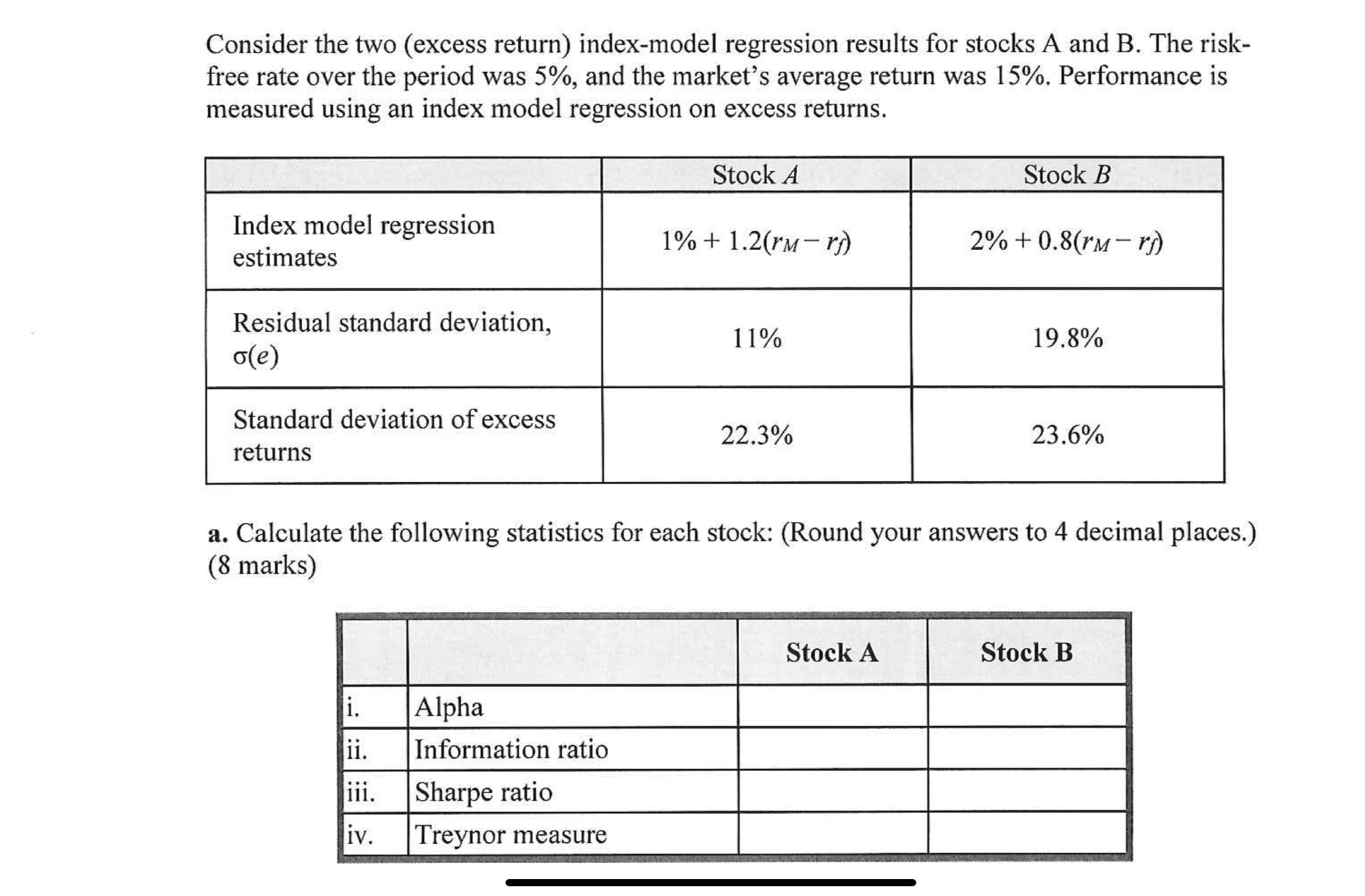  Consider the two (excess return) index-model regression results for stocks A
