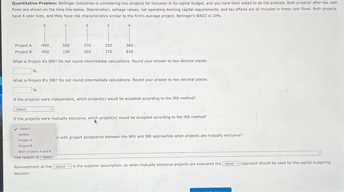 Both projects' aftectax cash flows are shown on the time line below.