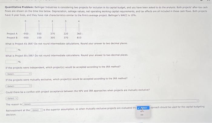 wACC is 10%. What is Project As IRR? Do not round intermediate