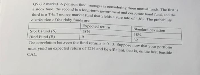  09 (12 marks). A pension fund manager is considering three mutual