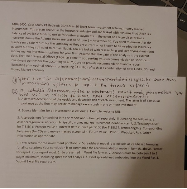  Ctrl MBA 6400: Case Study #1 Revised: 2020-Mar-20 Short-term investment returns:
