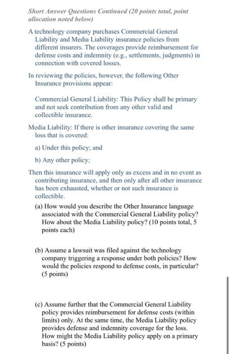 b Short Answer Questions Continued (20 points total, point allocation noted below)