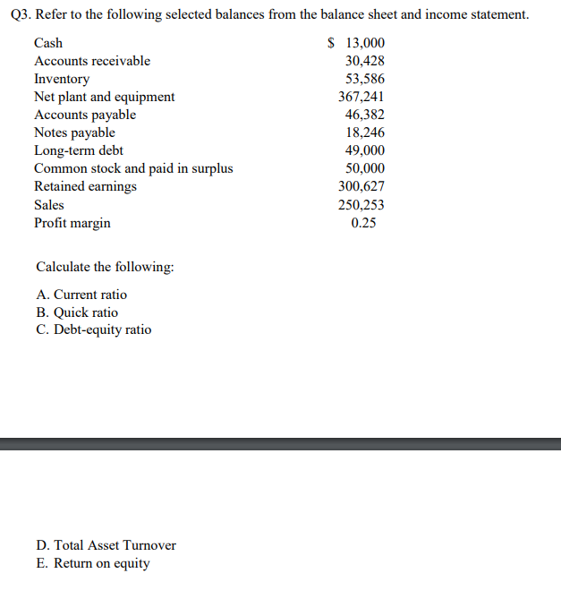  Q3. Refer to the following selected balances from the balance sheet