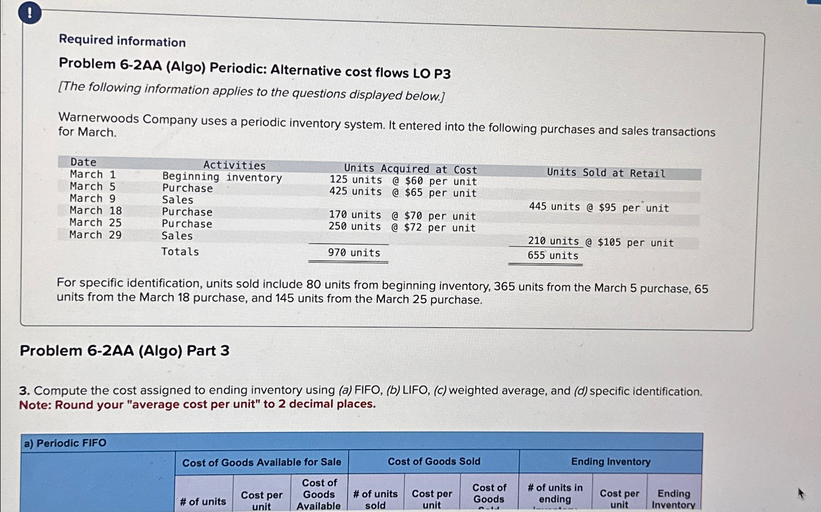  ! Required information Problem 6-2AA (Algo) Periodic: Alternative cost flows LO