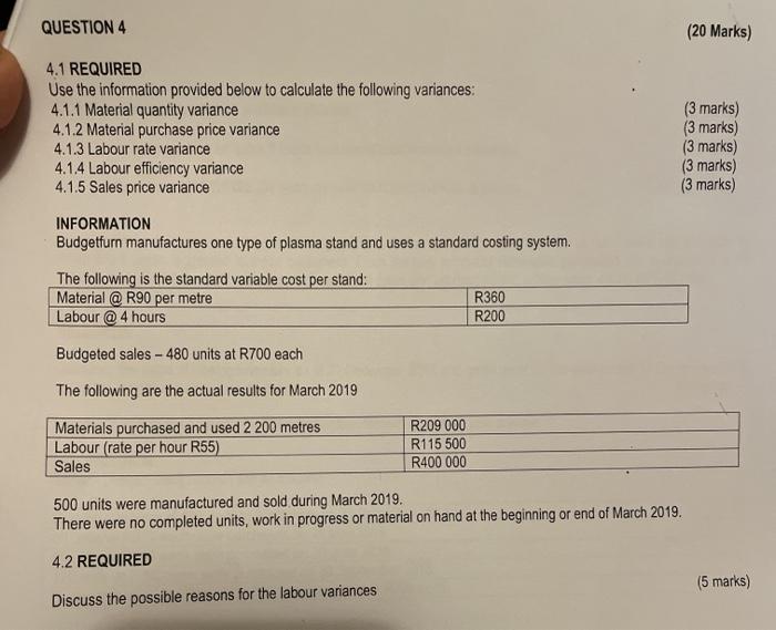  QUESTION 4 (20 Marks) 4.1 REQUIRED Use the information provided below