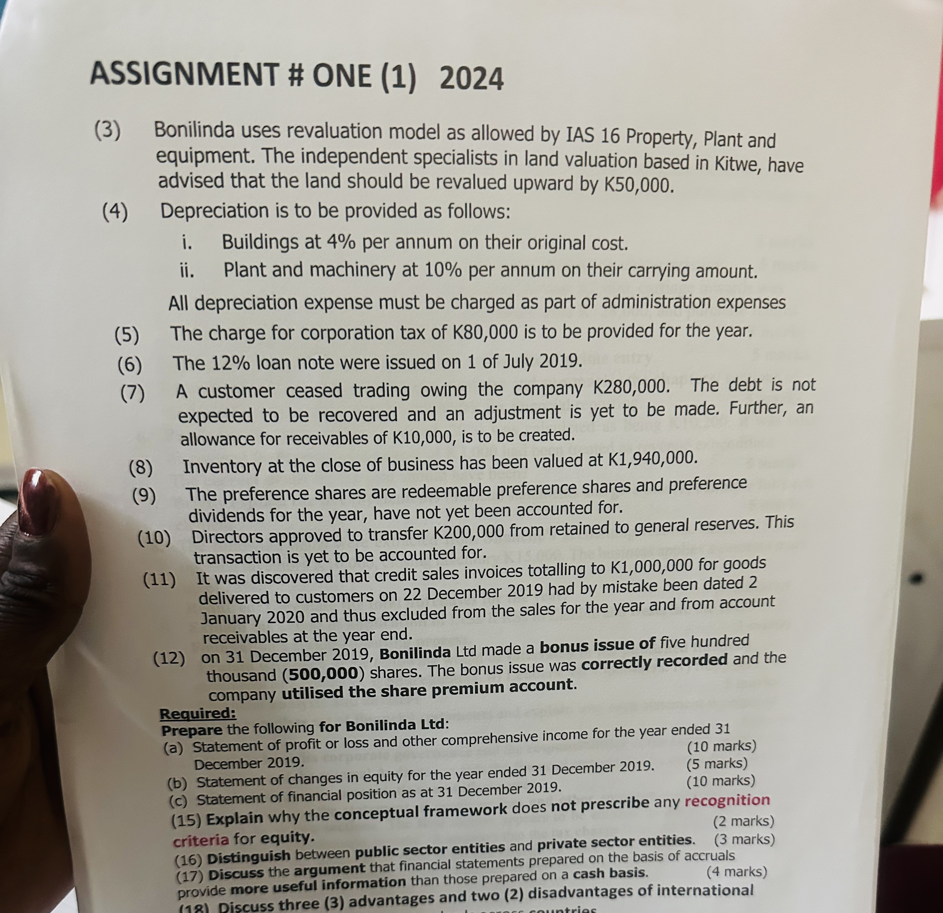 ASSIGNMENT # ONE (1)2024 14. The following trial balance relates to