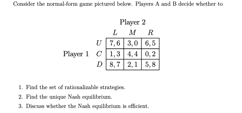 Consider the normal-form game pictured below. Players A and B decide whether