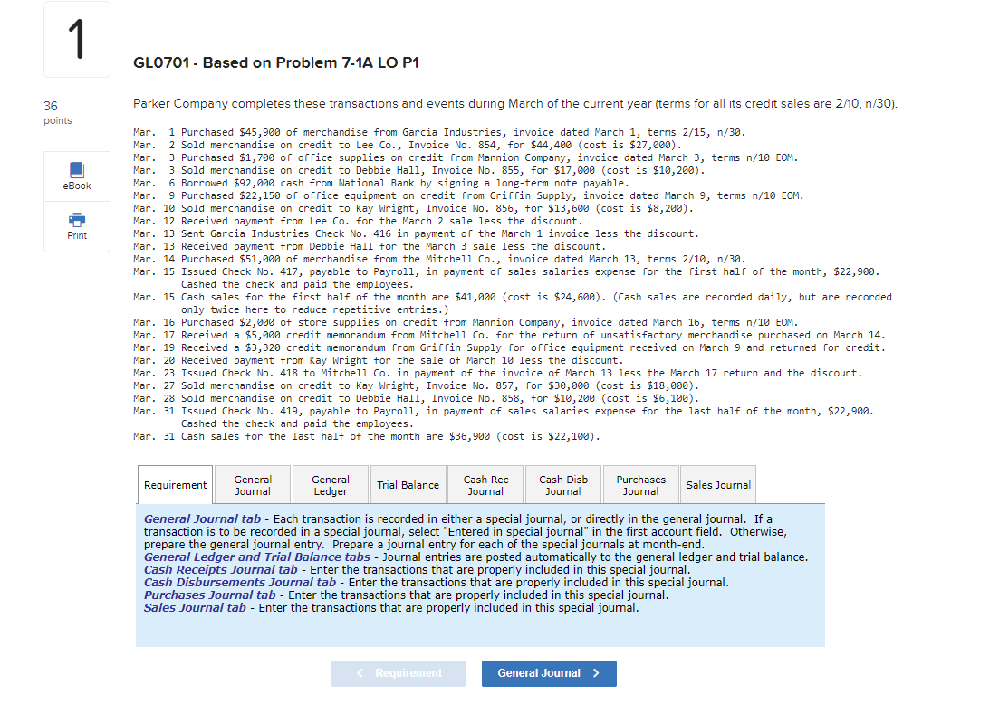 1 GL0701 - Based on Problem 7-1A LO P1 Parker Company