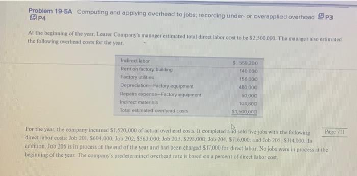  Problem 19-5A Computing and applying overhead to jobs, recording under or
