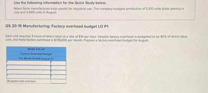  Use the following information for the Quick Study below. Miami Solar