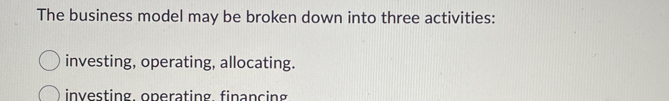  The business model may be broken down into three activities: investing,