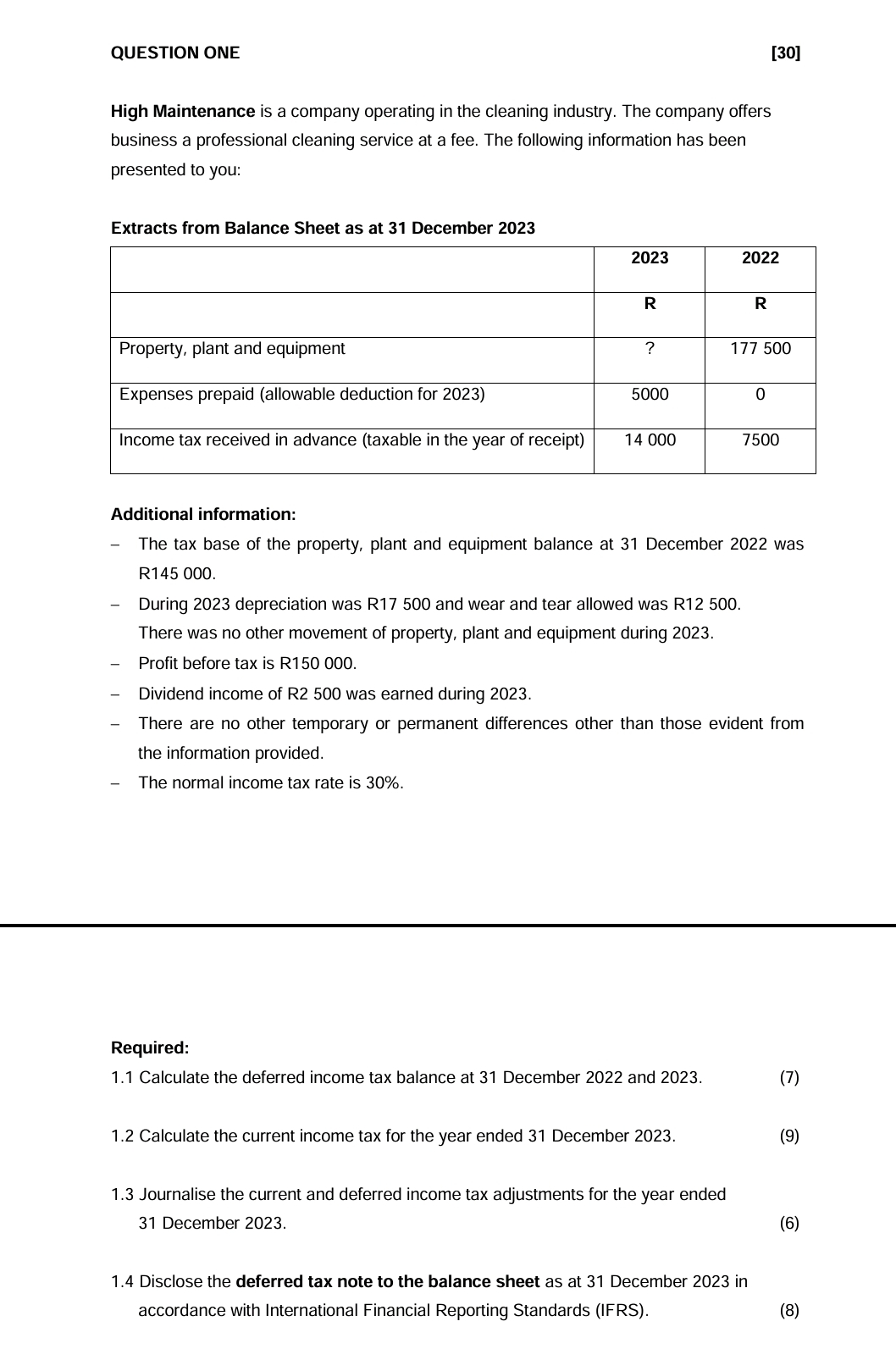  QUESTION ONE [30] High Maintenance is a company operating in the