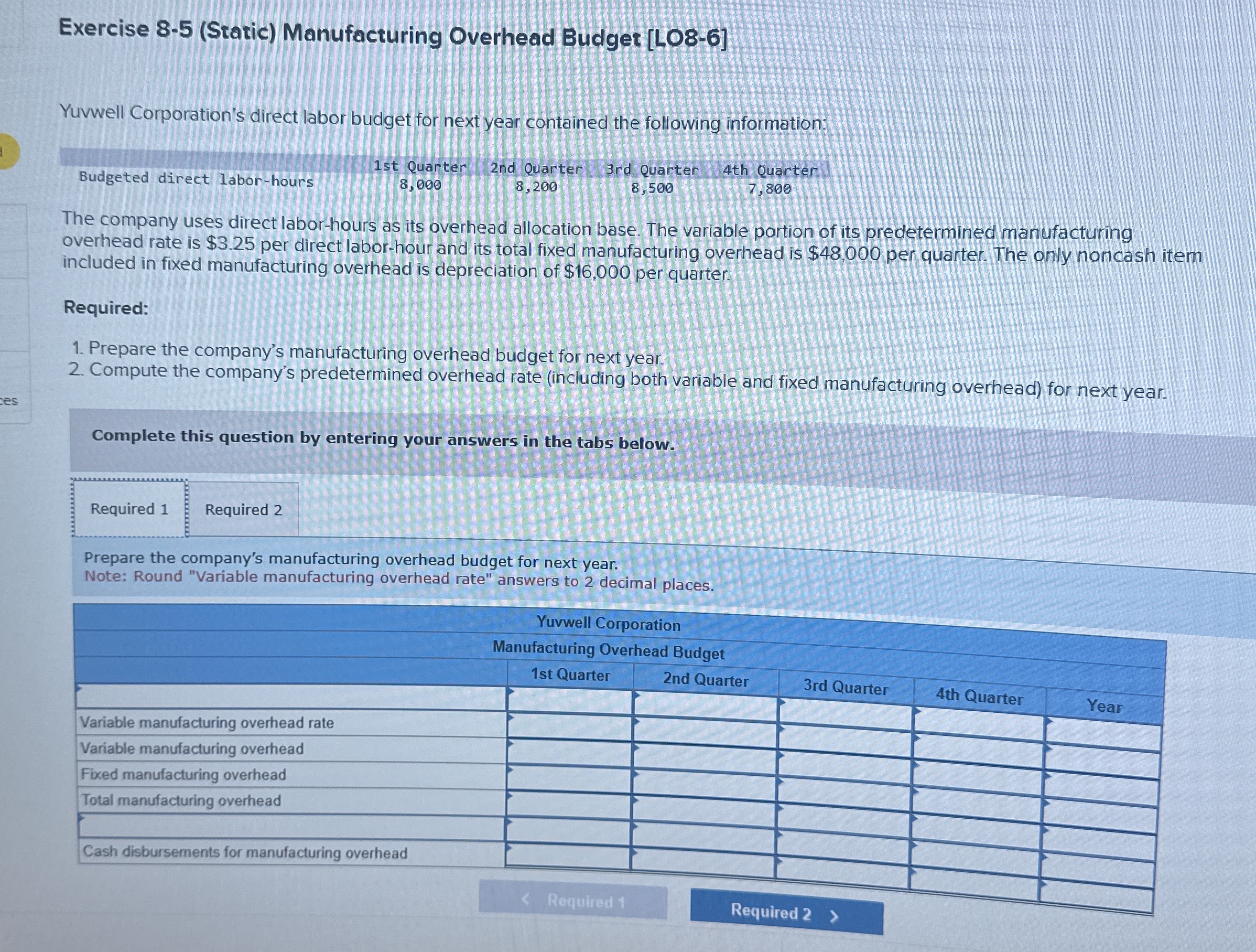  Exercise 8-5(StatiC) Manufacturing Overhead Budget [LO8-6] Yuvwell Corporation's direct labor budget