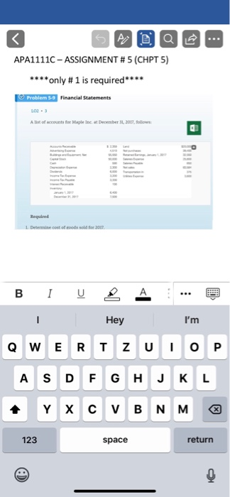  APA1111C - ASSIGNMENT # 5 (CHPT 5) **** only # 1