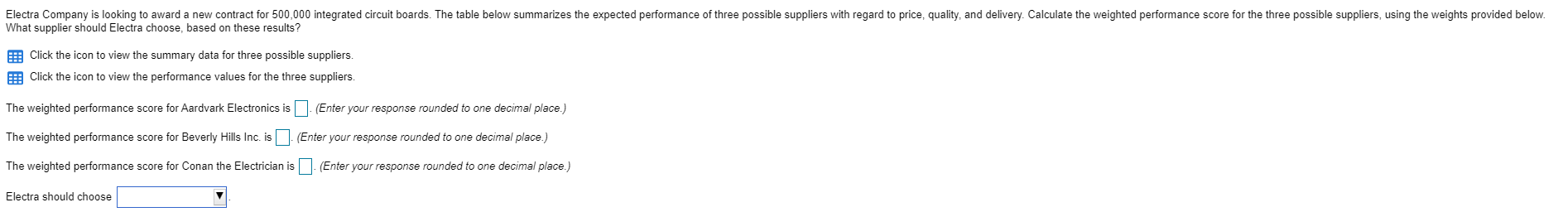 Electrician $2/unit 1% defects 60% on-time Aardvark Electronics Beverly Hills Importance Conan