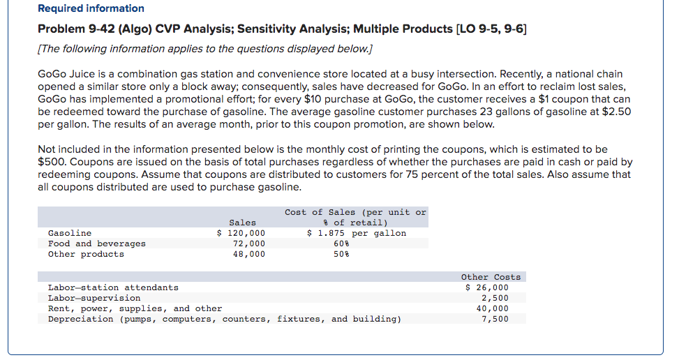 Problem 9-42 (Algo) CVP Analysis; Sensitivity Analysis; Multiple Products [LO 9-5,
