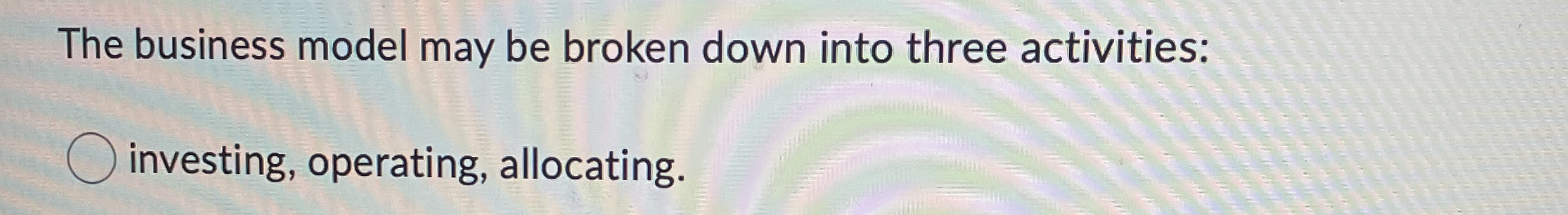  The business model may be broken down into three activities: investing,