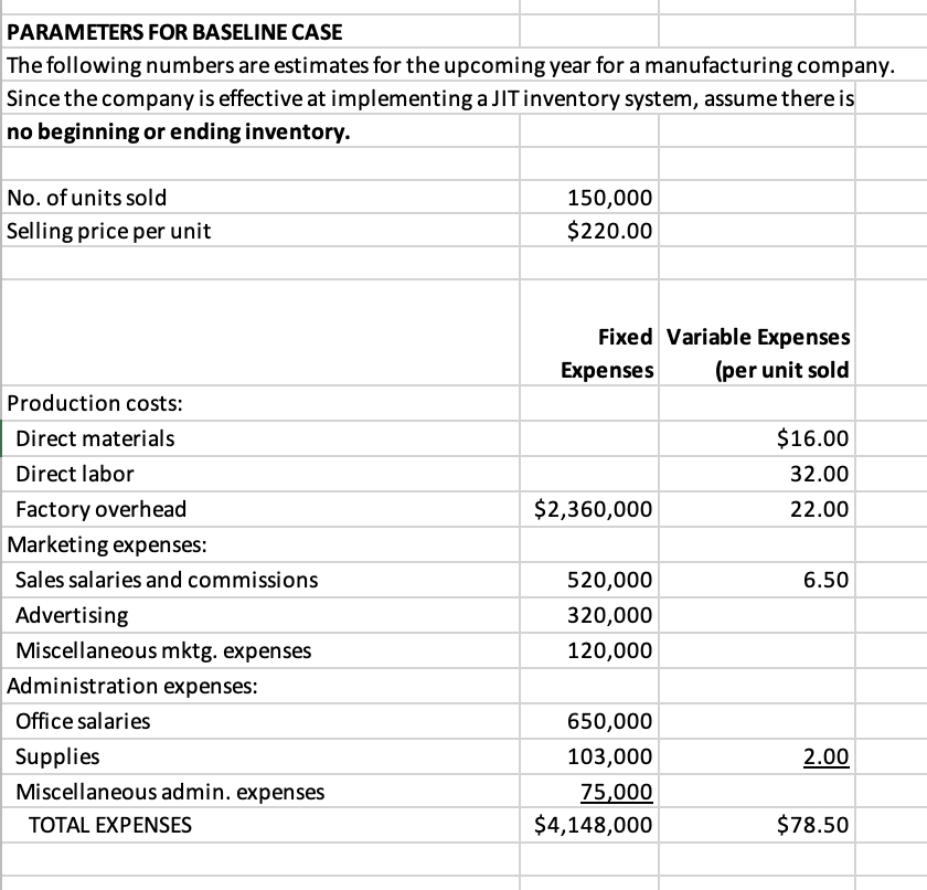  PARAMETERS FOR BASELINE CASE The following numbers are estimates for the